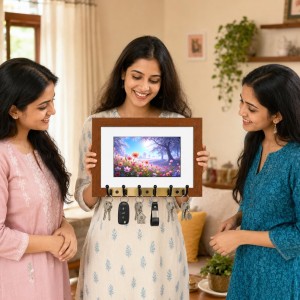 Decorative Wooden Photo Frame Key Hanger With Nature Picture, 12 X 8 Inch Wall Key Holder, 10 X 6 Inch Glossy Photo Frame, 6 Metal Hooks, Home Entrance Decor, Made In India (F38715)