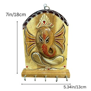 Wooden Ganesha Key Holder for Wall with 5 Metal Hooks | Handcrafted Wooden Ganesh Key Stand & Key Hanger | Decorative Wall Mounted Key Organizer for Home Entrance, Living Room & Office