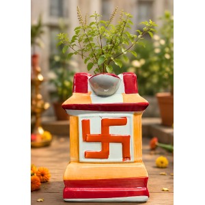 Handcrafted Ceramic Swastik Tulsi Mandir | Traditional Hindu Auspicious Symbol for Home Temple | Decorative Pooja Decor for Diwali, Navratri & Religious | Orange| Packed in a Premium Wooden Box
