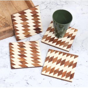 Modern Decorative Wooden Coasters – Set of 4 | Stylish Drink Mats for Tea, Coffee & Beverages | Elegant Wooden Coaster Set for Home, Office & Gifting