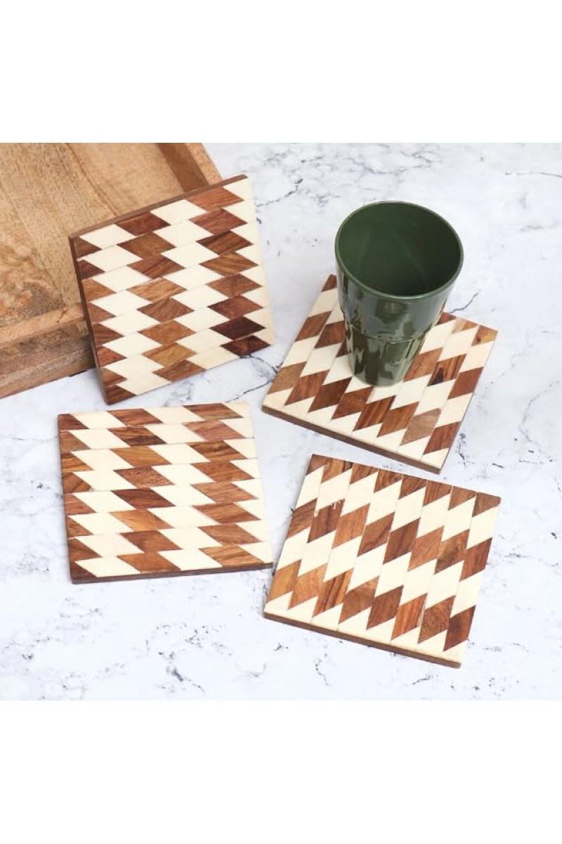 Modern Decorative Wooden Coasters – Set of 4 | Stylish Drink Mats for Tea, Coffee & Beverages | Elegant Wooden Coaster Set for Home, Office & Gifting