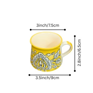 Ceramic Tea Coffee Cups Set of 6 | Yellow Floral Design | Pottery Chai Mugs | Dishwasher & Microwave Safe. (Yellow)