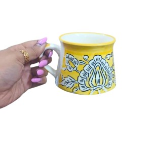 Ceramic Tea Coffee Cups Set of 6 | Yellow Floral Design | Pottery Chai Mugs | Dishwasher & Microwave Safe. (Yellow)
