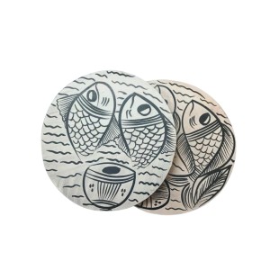Handcrafted Wooden Tea Coasters Set of 2 | Round Fish Design Drink Coasters for Coffee, Tea & Table Décor (Round)