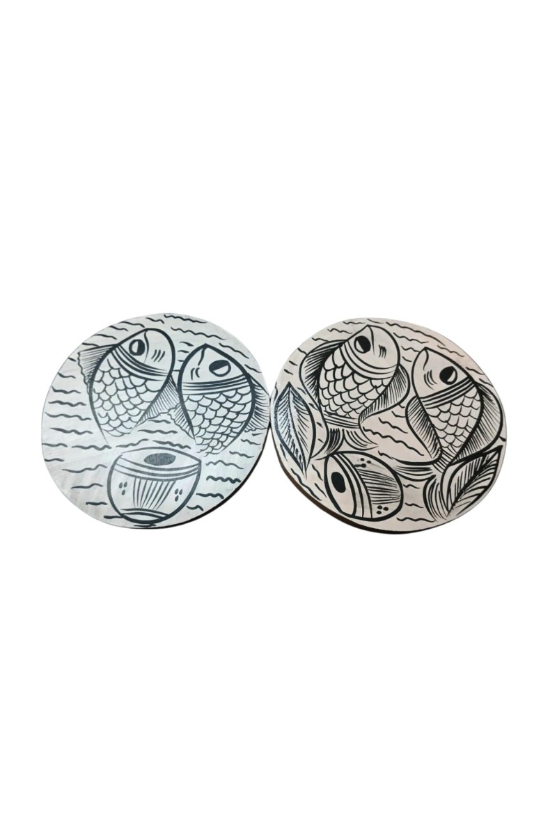 Handcrafted Wooden Tea Coasters Set of 2 | Round Fish Design Drink Coasters for Coffee, Tea & Table Décor (Round)