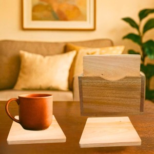 Wooden Square Coaster Set with Holder | Premium Solid Wood Tea & Coffee Coasters for Hot & Cold Drinks, Table Protection | Set of 5 (Squre)