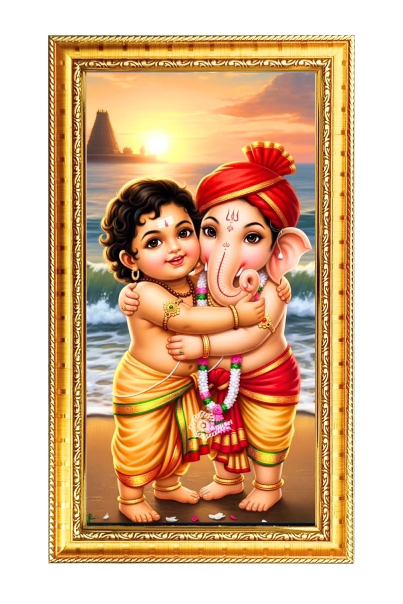 Bala Murugaan & Lord Ganesh Digital Golden Color Photo Frame | Hindu Religious Wall Decor | 10x17 Inches - Inspirational Wall Art For Office, Home Decor - Ideal Spiritual Gift (F10351)