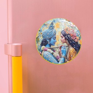Stainless Steel Round Radha Krishna Fridge Magnet | Devotional & Decorative Magnet for Refrigerator | Pack of 1