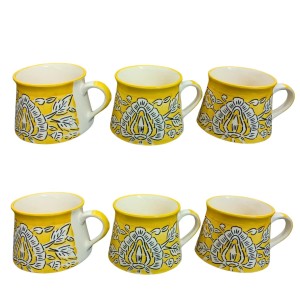 Ceramic Tea Coffee Cups Set of 6 | Yellow Floral Design | Pottery Chai Mugs | Dishwasher & Microwave Safe. (Yellow)