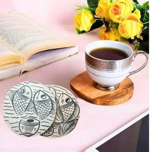 Handcrafted Wooden Tea Coasters Set of 2 | Round Fish Design Drink Coasters for Coffee, Tea & Table Décor (Round)