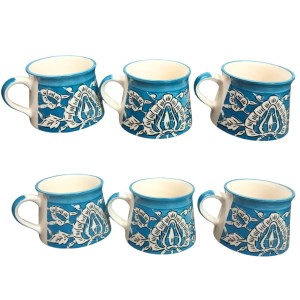 Handcrafted Blue Ceramic Tea & Coffee Cups with Floral Design | Hand-Painted Pottery Mugs | Microwave Safe | Blue Set of 6 Handcrafted Blue Ceramic Tea & Coffee Cups with Floral Design | Hand-Painted Pottery Mugs | Microwave Safe | Blue Set of 6