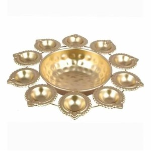 Decorative Brass Finish Diya Stand with Central Bowl | 9 Diya Holder Plate for Pooja, Aarti, Diwali Decoration, Temple & Home Traditional Lighting Plate Decorative Brass Finish Diya Stand with Central Bowl | 9 Diya Holder Plate for Pooja, Aarti, Diwali Decoration, Temple & Home Traditional Lighting Plate