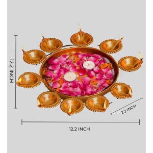 Decorative Brass Finish Diya Stand with Central Bowl | 9 Diya Holder Plate for Pooja, Aarti, Diwali Decoration, Temple & Home Traditional Lighting Plate Decorative Brass Finish Diya Stand with Central Bowl | 9 Diya Holder Plate for Pooja, Aarti, Diwali Decoration, Temple & Home Traditional Lighting Plate