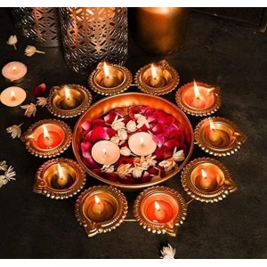 Decorative Brass Finish Diya Stand with Central Bowl | 9 Diya Holder Plate for Pooja, Aarti, Diwali Decoration, Temple & Home Traditional Lighting Plate Decorative Brass Finish Diya Stand with Central Bowl | 9 Diya Holder Plate for Pooja, Aarti, Diwali Decoration, Temple & Home Traditional Lighting Plate