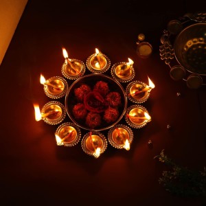 Decorative Brass Finish Diya Stand with Central Bowl | 9 Diya Holder Plate for Pooja, Aarti, Diwali Decoration, Temple & Home Traditional Lighting Plate Decorative Brass Finish Diya Stand with Central Bowl | 9 Diya Holder Plate for Pooja, Aarti, Diwali Decoration, Temple & Home Traditional Lighting Plate