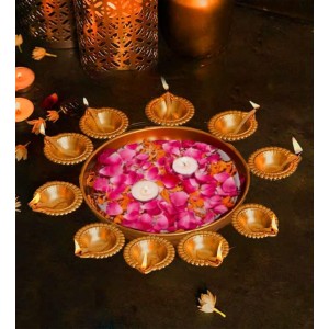 Decorative Brass Finish Diya Stand with Central Bowl | 9 Diya Holder Plate for Pooja, Aarti, Diwali Decoration, Temple & Home Traditional Lighting Plate Decorative Brass Finish Diya Stand with Central Bowl | 9 Diya Holder Plate for Pooja, Aarti, Diwali Decoration, Temple & Home Traditional Lighting Plate