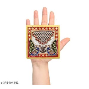 HiTechMart Makrana Marble Puja Chowki Combo Set – Hand-Painted Meenakari & Kundan Work Bajot/Singhasan for Mandir, Festival, Vrat, Decorative Pooja Platform for Idols & Gift Purpose