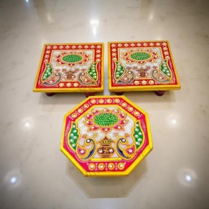 HiTechMart Makrana Marble Puja Chowki Combo Set – Hand-Painted Meenakari & Kundan Work Bajot/Singhasan for Mandir, Festival, Vrat, Decorative Pooja Platform for Idols & Gift Purpose