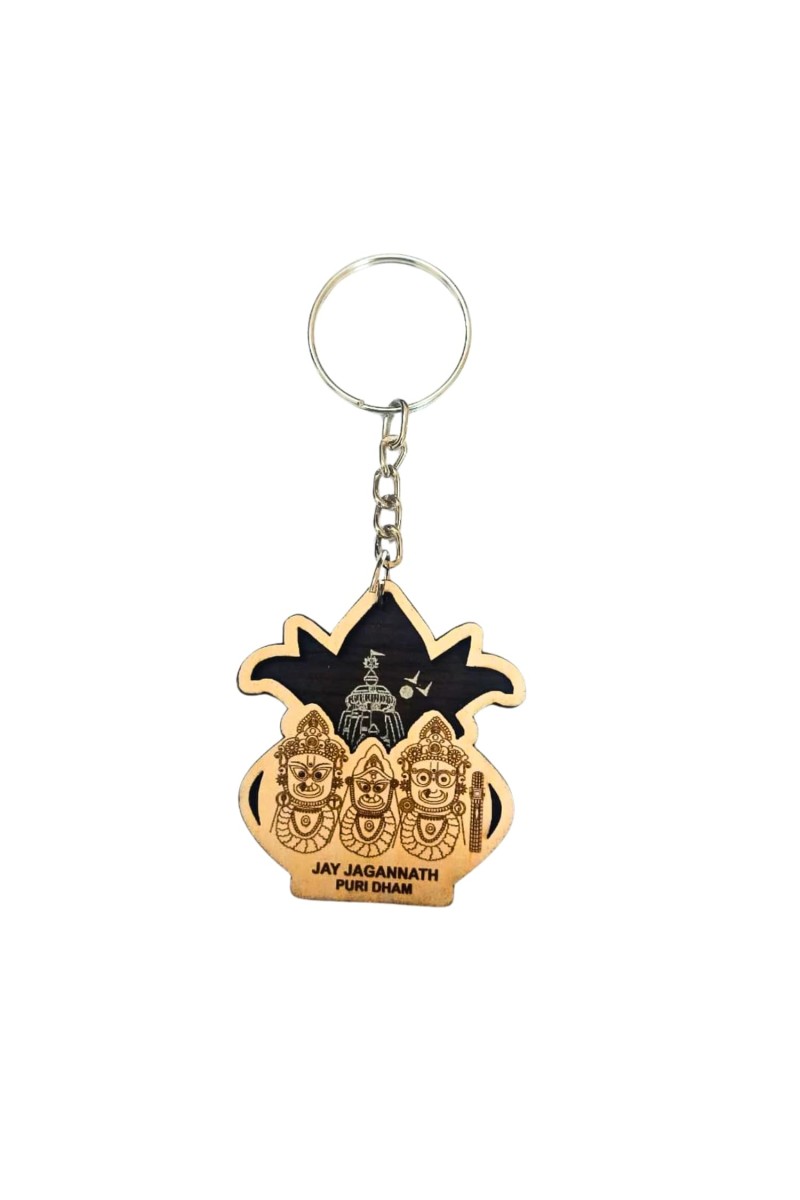 Jagannath Puri Dham Wooden Keychain | Lord Jagannath Balabhadra Subhadra Engraved MDF Key Ring | Spiritual Religious Keychain for Bike, Car & Home