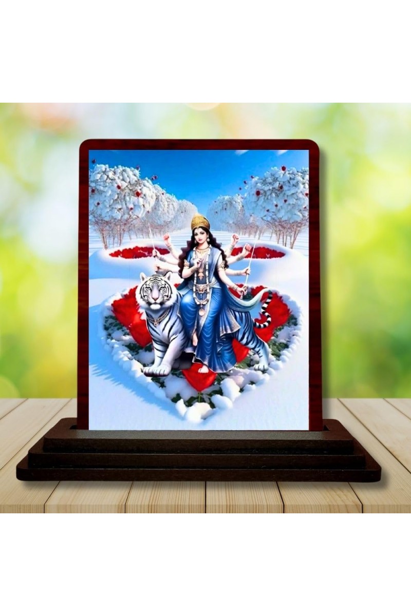 Car Desk/Table Top Goddess Durga Matha Wooden Photo Stand 3x4 Inches, Compact & Stylish Spiritual Display For Car, Home & Office (Pack Of 1) (F14418)