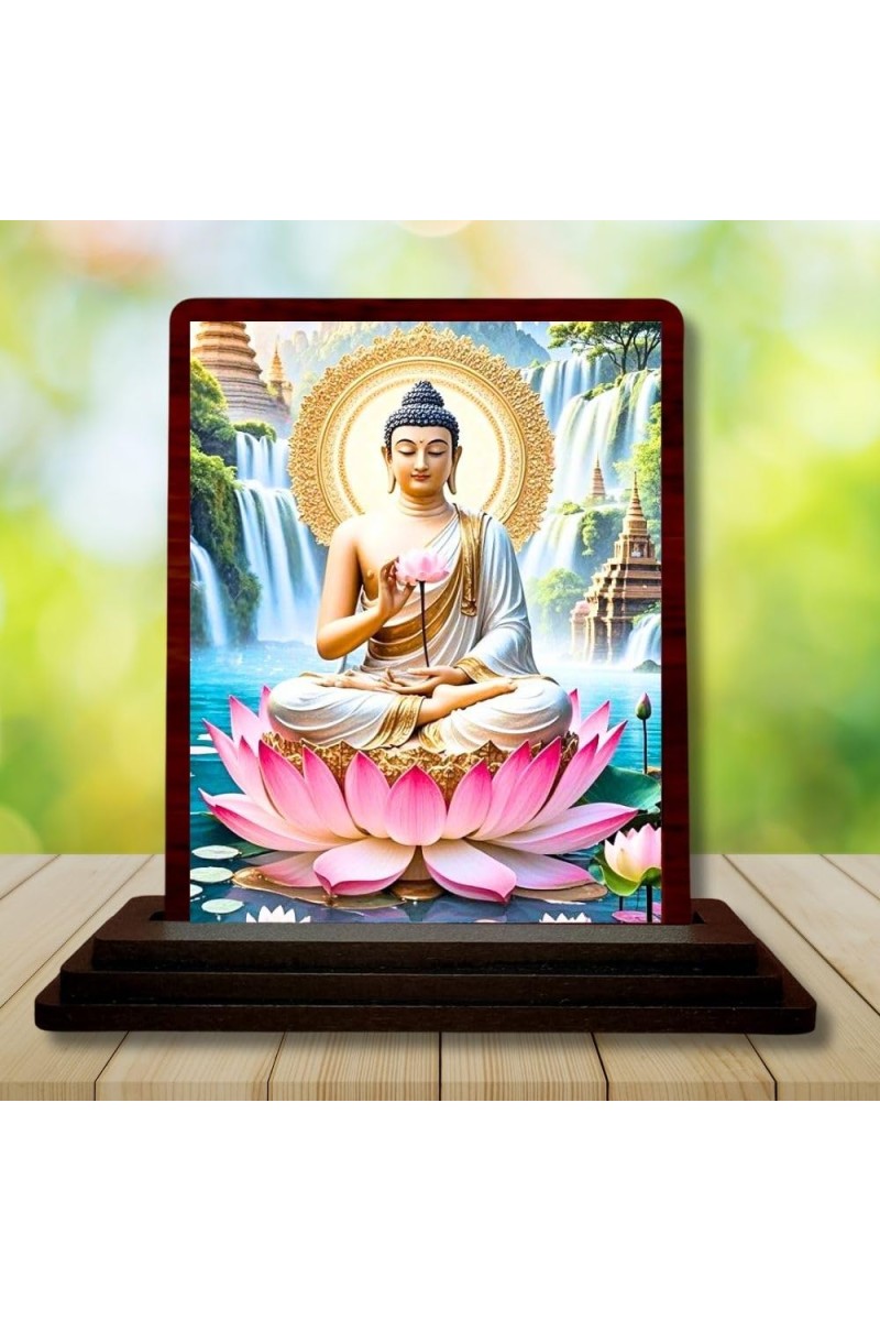 Car Desk/Table Top Lord Buddha Wooden Photo Stand 3x4 Inches, Compact & Stylish Spiritual Display For Car, Home & Office (Pack Of 1) (F14411)
