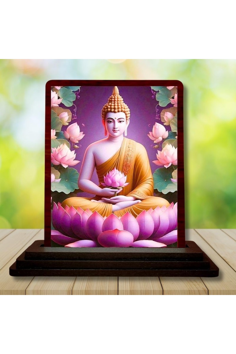 Car Desk/Table Top Lord Buddha Wooden Photo Stand 3x4 Inches, Compact & Stylish Spiritual Display For Car, Home & Office (Pack Of 1) (F14415)