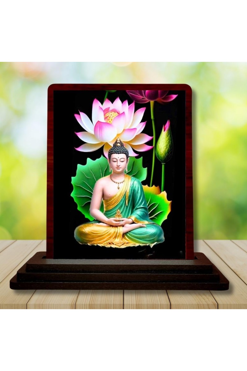 Car Desk/Table Top Lord Buddha Wooden Photo Stand 3x4 Inches, Compact & Stylish Spiritual Display For Car, Home & Office (Pack Of 1) (F14410)