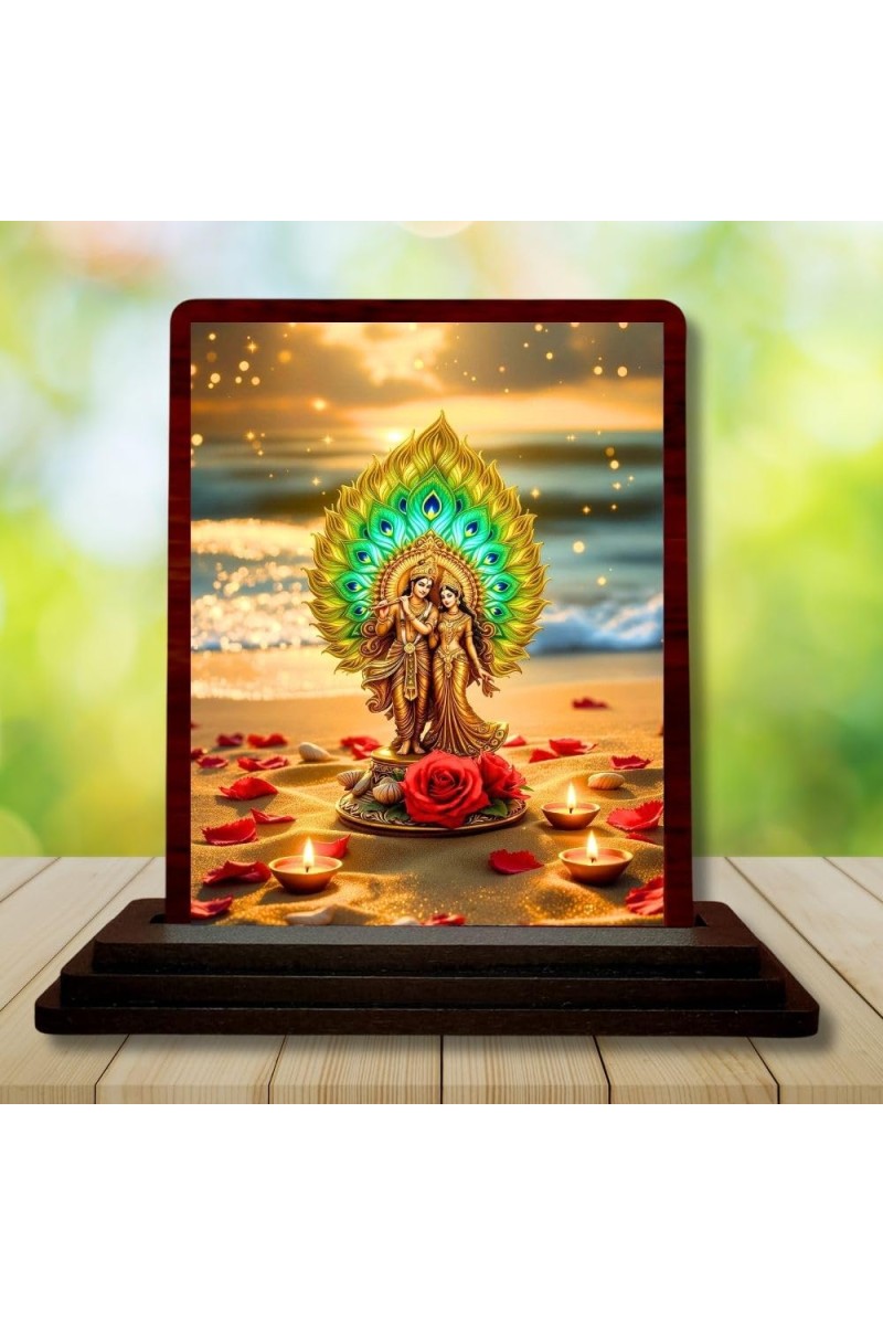 Car Desk/Table Top Lord Krishna Wooden Photo Stand 3x4 Inches, Compact & Stylish Spiritual Display For Car, Home & Office (Pack Of 1) (F14388)