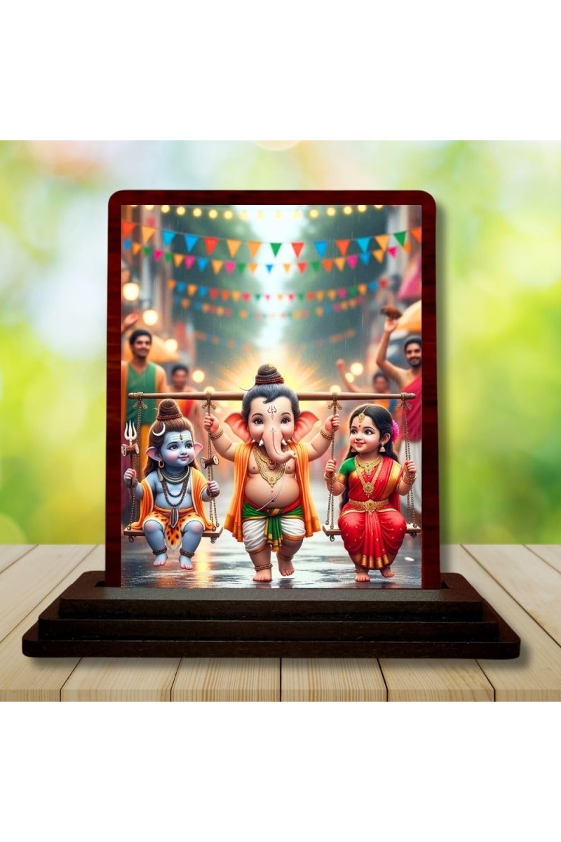 Car Desk/Table Top Lord Ganesha And Shiva Parvathi Wooden Photo Stand 3x4 Inches, Compact & Stylish Spiritual Display For Car, Home & Office (Pack Of 1) (F14380)