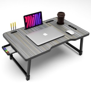 Hitech Sales, Portable Laptop Table with Foldable Legs, Multi-Utility Slots & Gray Striped Woodgrain Finish – Bed Table for Work, Study & Entertainment Hitech Sales, Portable Laptop Table with Foldable Legs, Multi-Utility Slots & Gray Striped Woodgrain Finish – Bed Table for Work, Study & Entertainment