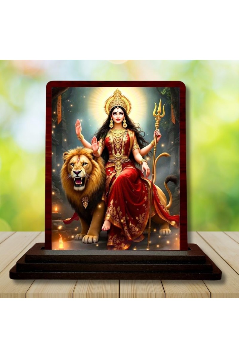 Car Desk/Table Top Goddess Durga Wooden Photo Stand 3x4 Inches, Compact & Stylish Spiritual Display For Car, Home & Office (Pack Of 1) (F14427)