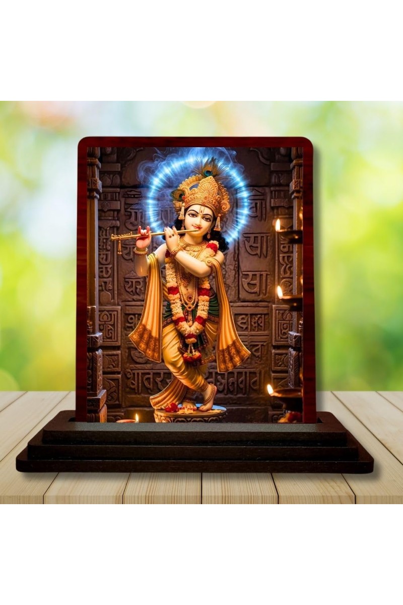 Car Desk/Table Top Lord Krishna Wooden Photo Stand 3x4 Inches, Compact & Stylish Spiritual Display For Car, Home & Office (Pack Of 1) (F14387)