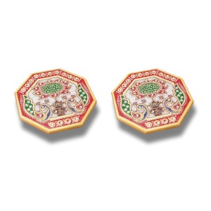 HiTechMart Handcrafted Octagon Marble Puja Chowki, Makrana Marble Pooja Platform with Kundan & Enamel Work, Decorative Pooja Chowki for Mandir, Home Temple, Festival, Gift Use – 4 Inch (2, Octagon)