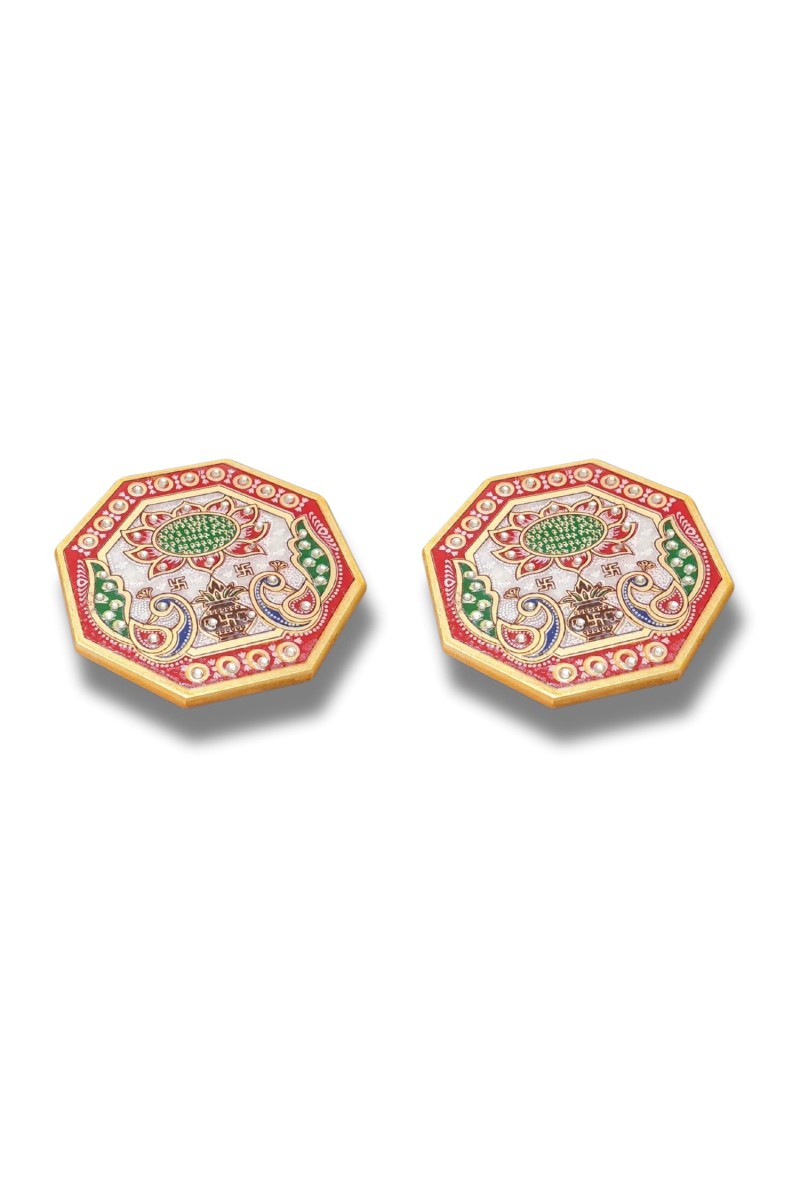 HiTechMart Handcrafted Octagon Marble Puja Chowki, Makrana Marble Pooja Platform with Kundan & Enamel Work, Decorative Pooja Chowki for Mandir, Home Temple, Festival, Gift Use – 4 Inch (2, Octagon)