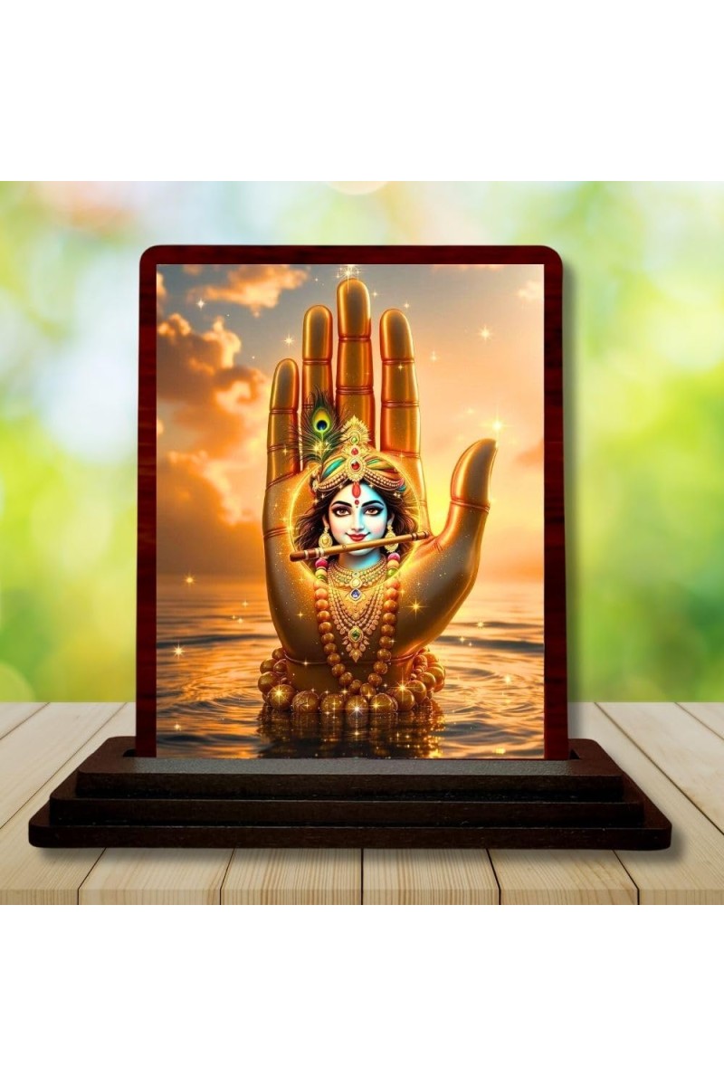 Car Desk/Table Top Lord Krishna Wooden Photo Stand 3x4 Inches, Compact & Stylish Spiritual Display For Car, Home & Office (Pack Of 1) (F14384)