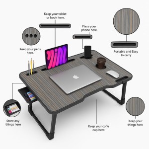 Hitech Sales, Portable Laptop Table with Foldable Legs, Multi-Utility Slots & Gray Striped Woodgrain Finish – Bed Table for Work, Study & Entertainment Hitech Sales, Portable Laptop Table with Foldable Legs, Multi-Utility Slots & Gray Striped Woodgrain Finish – Bed Table for Work, Study & Entertainment