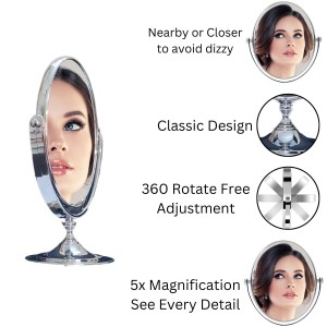 HiTechMart Double-Sided Tabletop Makeup Mirror – 360° Rotating Vanity Mirror with Chrome Finish, Ideal for Beauty, Skincare and Grooming. HiTechMart Double-Sided Tabletop Makeup Mirror – 360° Rotating Vanity Mirror with Chrome Finish, Ideal for Beauty, Skincare and Grooming.