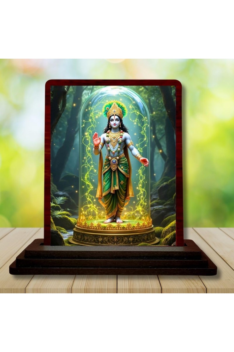 Car Desk/Table Top Lord Krishna Wooden Photo Stand 3x4 Inches, Compact & Stylish Spiritual Display For Car, Home & Office (Pack Of 1) (F14392)