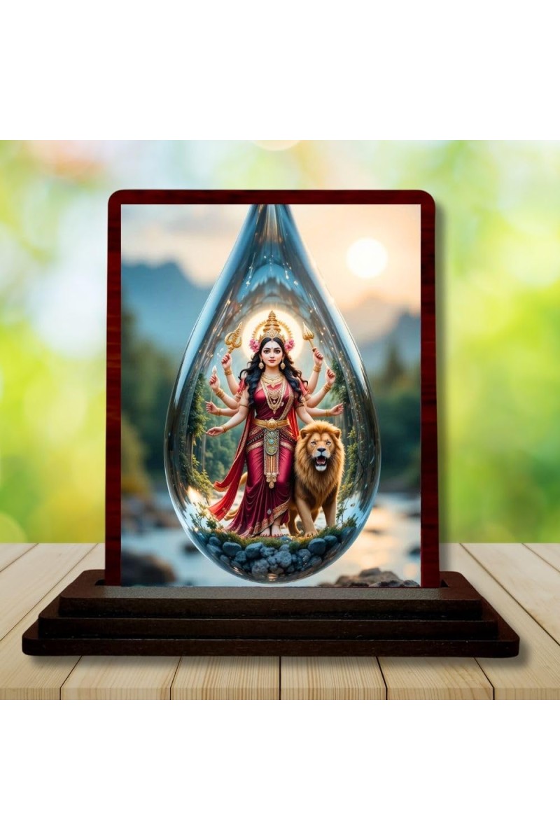 Car Desk/Table Top Goddess Durga Wooden Photo Stand 3x4 Inches, Compact & Stylish Spiritual Display For Car, Home & Office (Pack Of 1) (F14426)