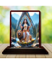 Car Desk/Table Top Goddess Durga Wooden Photo Stand 3x4 Inches, Compact & Stylish Spiritual Display For Car, Home & Office (Pack Of 1) (F14413)