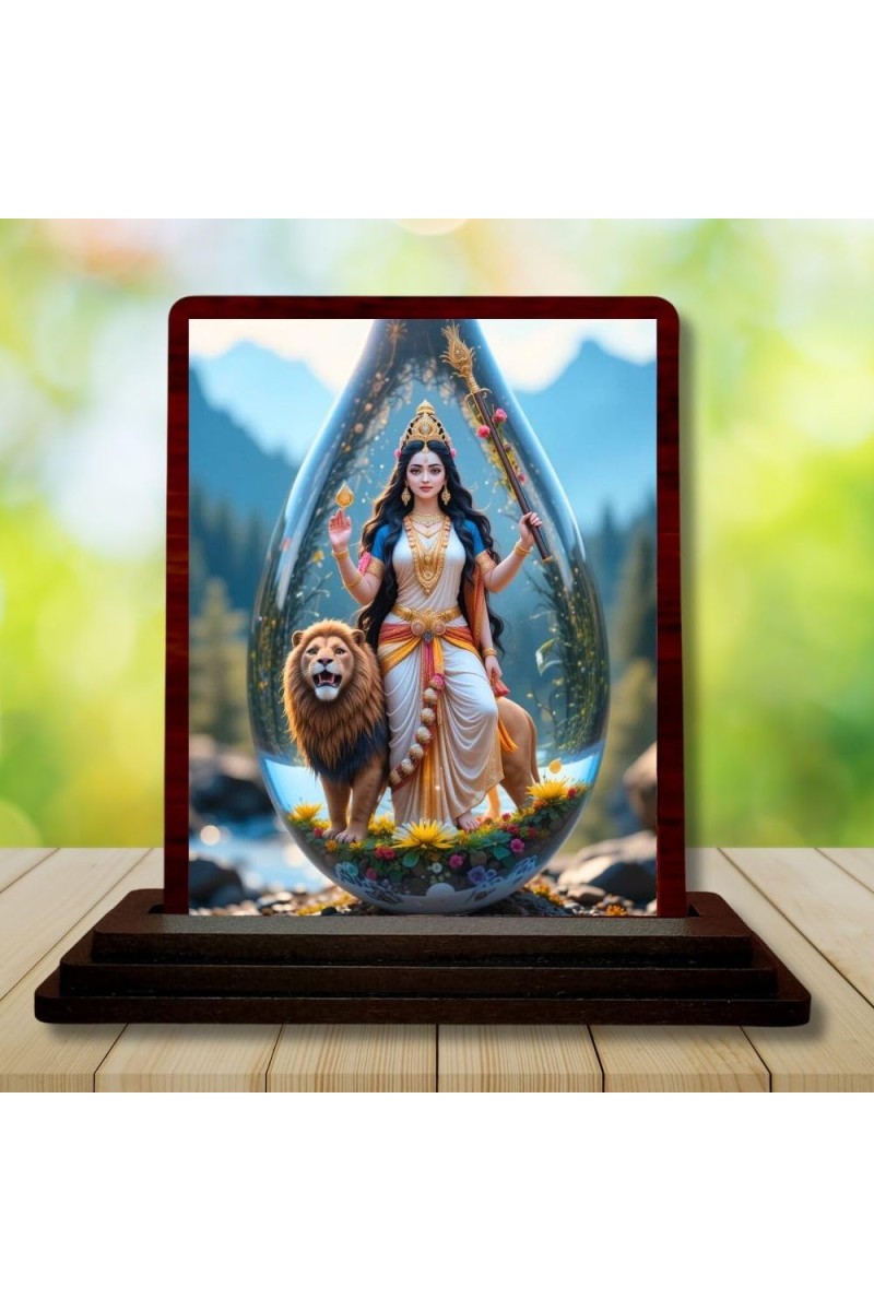 Car Desk/Table Top Goddess Durga Wooden Photo Stand 3x4 Inches, Compact & Stylish Spiritual Display For Car, Home & Office (Pack Of 1) (F14413)