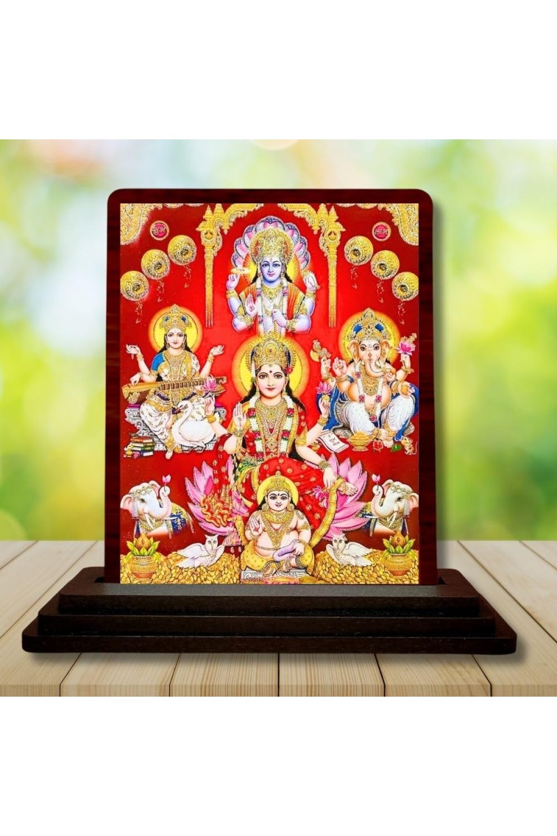 Car Desk/Table Top Goddess Lakshmi Ganesha Kubera Wooden Photo Stand 3x4 Inches, Compact & Stylish Spiritual Display For Car, Home & Office (Pack Of 1) (F14566)