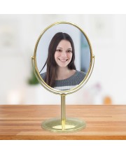 HiTechMart Golden Tabletop Makeup Mirror – Double-Sided, 360° Rotating Vanity Mirror with Elegant Metal Frame for Beauty, Skincare & Grooming HiTechMart Golden Tabletop Makeup Mirror – Double-Sided, 360° Rotating Vanity Mirror with Elegant Metal Frame for Beauty, Skincare & Grooming