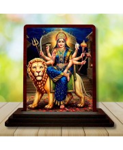 Car Desk/Table Top Goddess Durga Wooden Photo Stand 3x4 Inches, Compact & Stylish Spiritual Display For Car, Home & Office (Pack Of 1) (F14412)