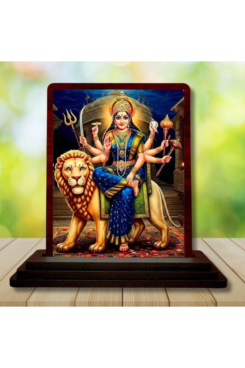 Car Desk/Table Top Goddess Durga Wooden Photo Stand 3x4 Inches, Compact & Stylish Spiritual Display For Car, Home & Office (Pack Of 1) (F14412)