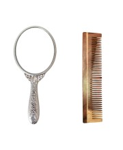 Hitech Sales Oval Silver-Plated Plastic Hand Mirror with One Wooden Hair Comb Free - Portable Mirror for Makeup, Travel, and Daily Use (Medium Size, Pack of 1) Hitech Sales Oval Silver-Plated Plastic Hand Mirror with One Wooden Hair Comb Free - Portable Mirror for Makeup, Travel, and Daily Use (Medium Size, Pack of 1)