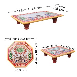 HiTechMart Makrana Marble Puja Chowki Combo Set – Hand-Painted Meenakari & Kundan Work Bajot/Singhasan for Mandir, Festival, Vrat, Decorative Pooja Platform for Idols & Gift Purpose