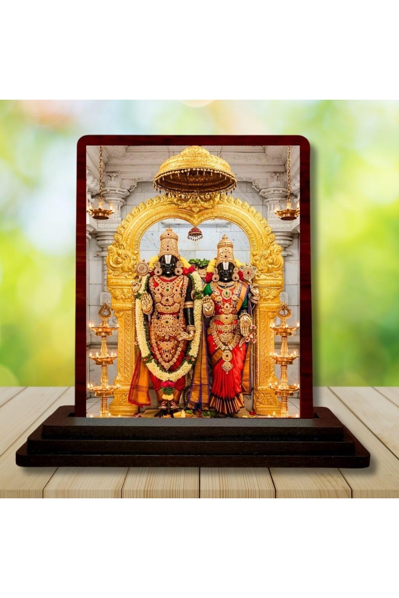 Car Desk/Table Top Lord Balaji And Lakshmi Wooden Photo Stand 3x4 Inches, Compact & Stylish Spiritual Display For Car, Home & Office (Pack Of 1) (F14396)