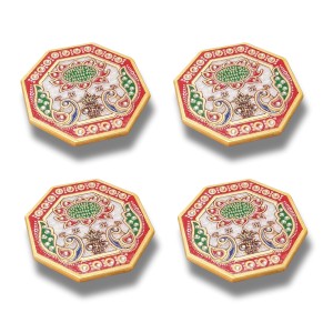 HiTechMart Handcrafted Octagon Marble Puja Chowki, Makrana Marble Pooja Platform with Kundan & Enamel Work, Decorative Pooja Chowki for Mandir, Home Temple, Festival, Gift Use – 4 Inch (4, Octagon)