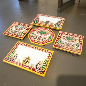 HiTechMart Makrana Marble Puja Chowki Combo Set – Hand-Painted Meenakari & Kundan Work Bajot/Singhasan for Mandir, Festival, Vrat, Decorative Pooja Platform for Idols & Gift Purpose
